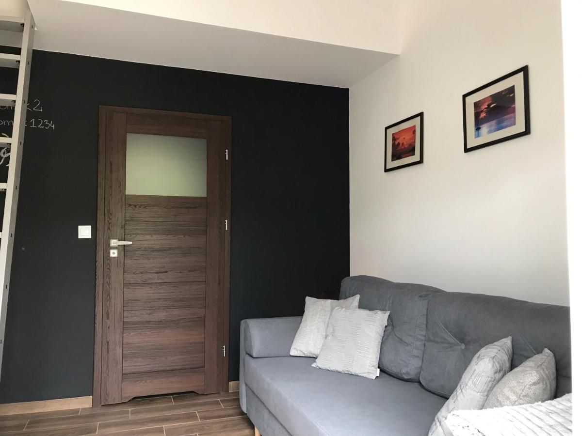 Szara sofa z poduszkami przy granatowej ścianie i drewnianych drzwiach
